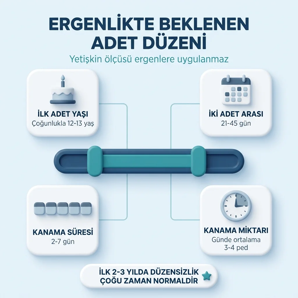 Ergenlikte beklenen adet düzeni: ilk adet çoğunlukla 12-13 yaş, iki adet arası 21-45 gün, kanama 2-7 gün, günde ortalama 3-4 ped
