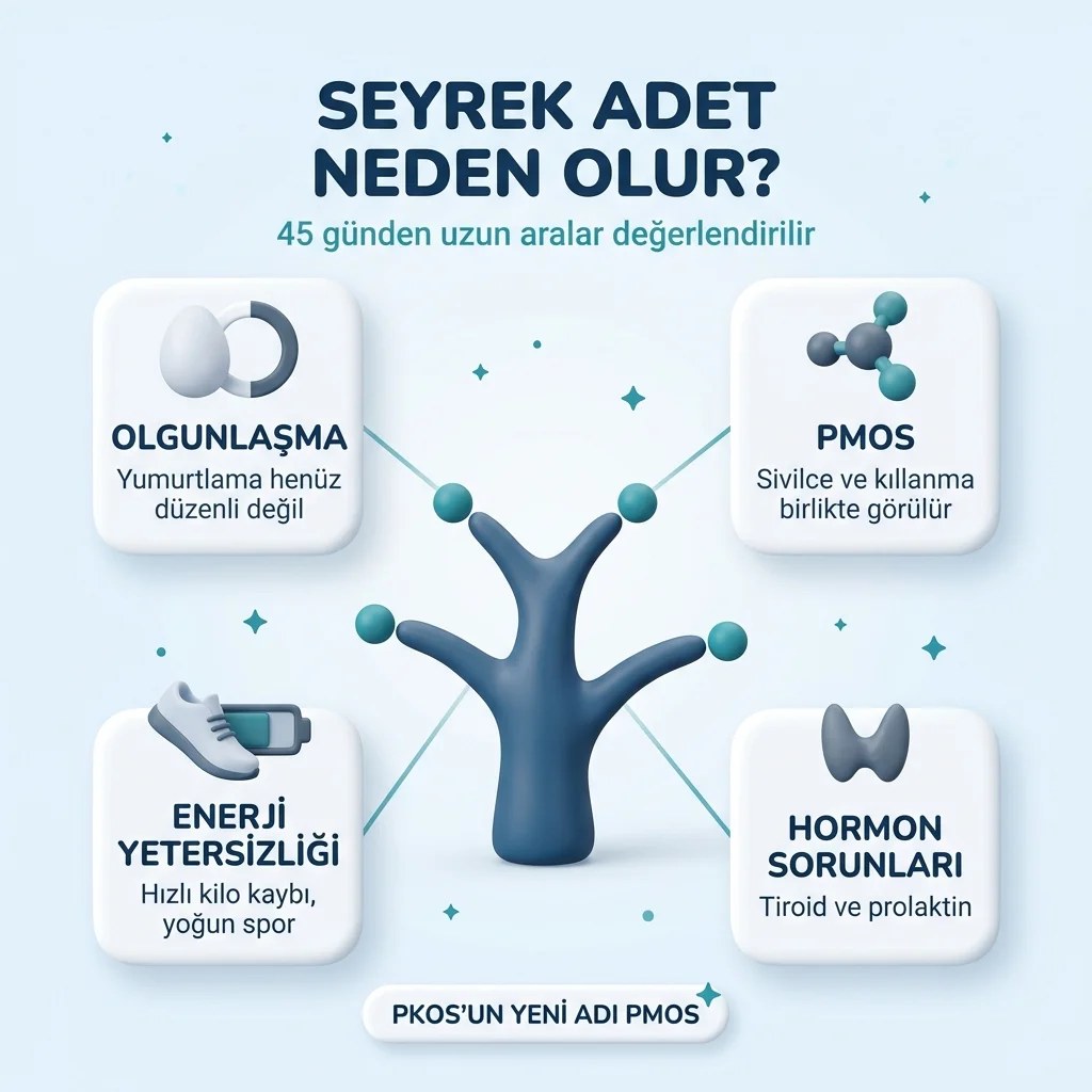 Ergenlerde seyrek adetin nedenleri: yumurtlamanın olgunlaşmaması, PMOS, enerji yetersizliği ve hormon sorunları; 45 günden uzun aralar değerlendirilir