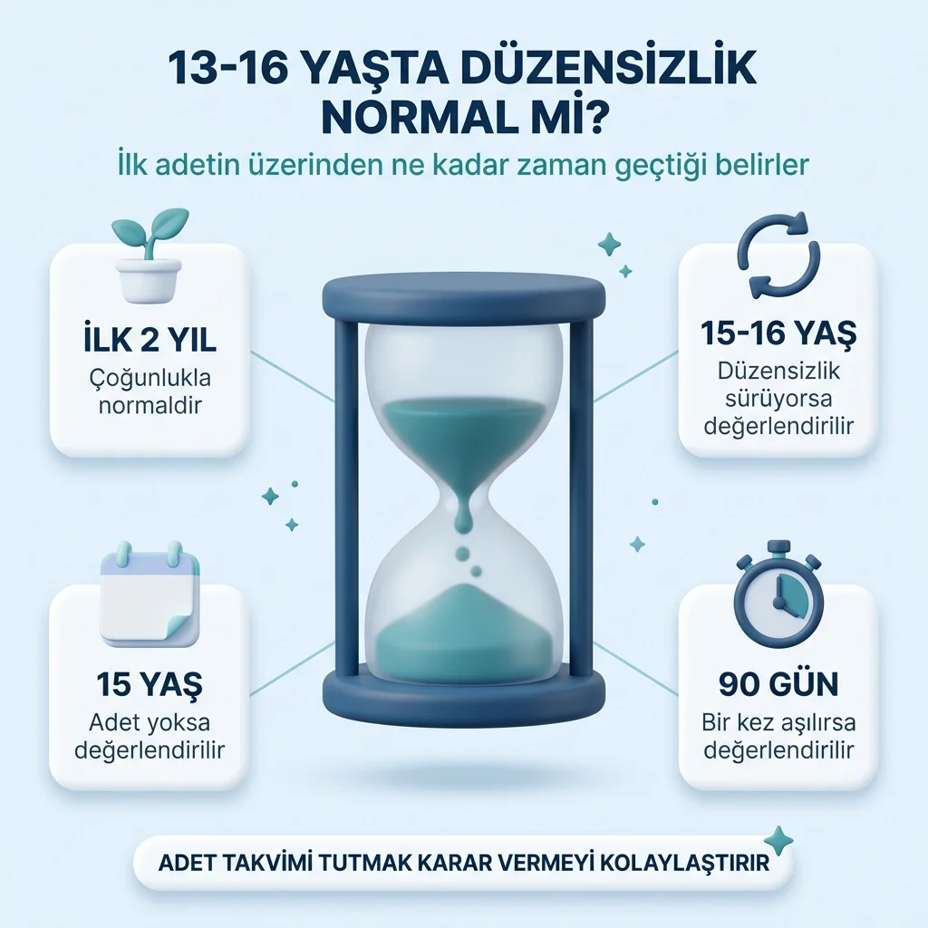 Yaşa göre adet düzensizliği: 13-14 yaşta ilk 2 yıldaki düzensizlik çoğunlukla normal; 15-16 yaşta süren düzensizlik, 15 yaşta hiç adet görmeme ve 90 günü aşan ara değerlendirme gerektirir