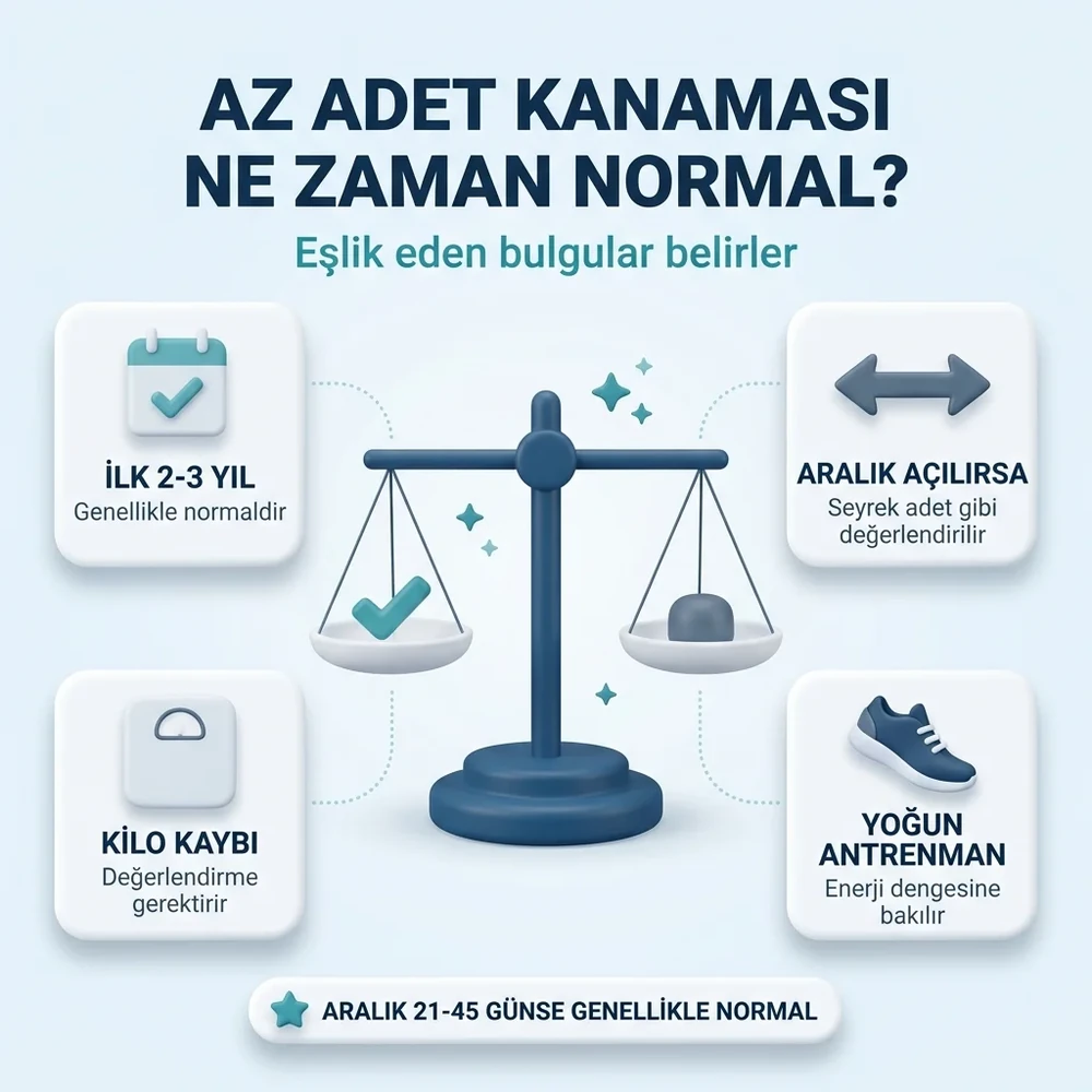 Az adet kanaması: ilk 2-3 yılda ve iki adet arası 21-45 gün içindeyse genellikle normal; aralık açılıyorsa, kilo kaybı veya yoğun antrenman varsa değerlendirilir