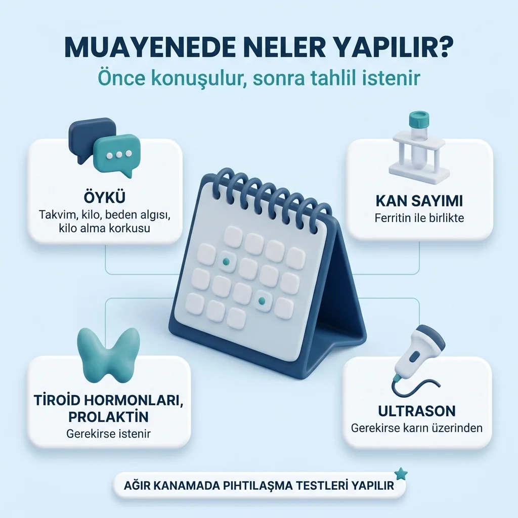 Adet sorunu olan genç kızda muayene: öykü ve beden algısı, kan sayımı ve ferritin, tiroid hormonları ve prolaktin, gerekirse karın üzerinden ultrason