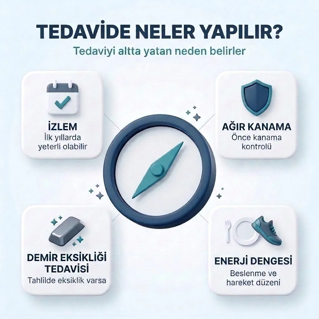 Adet sorununun nedenine göre tedavi: ilk yıllarda izlem, ağır kanamada önce kanama kontrolü, tahlilde eksiklik varsa demir eksikliği tedavisi, beslenme ve hareket düzeniyle enerji dengesi