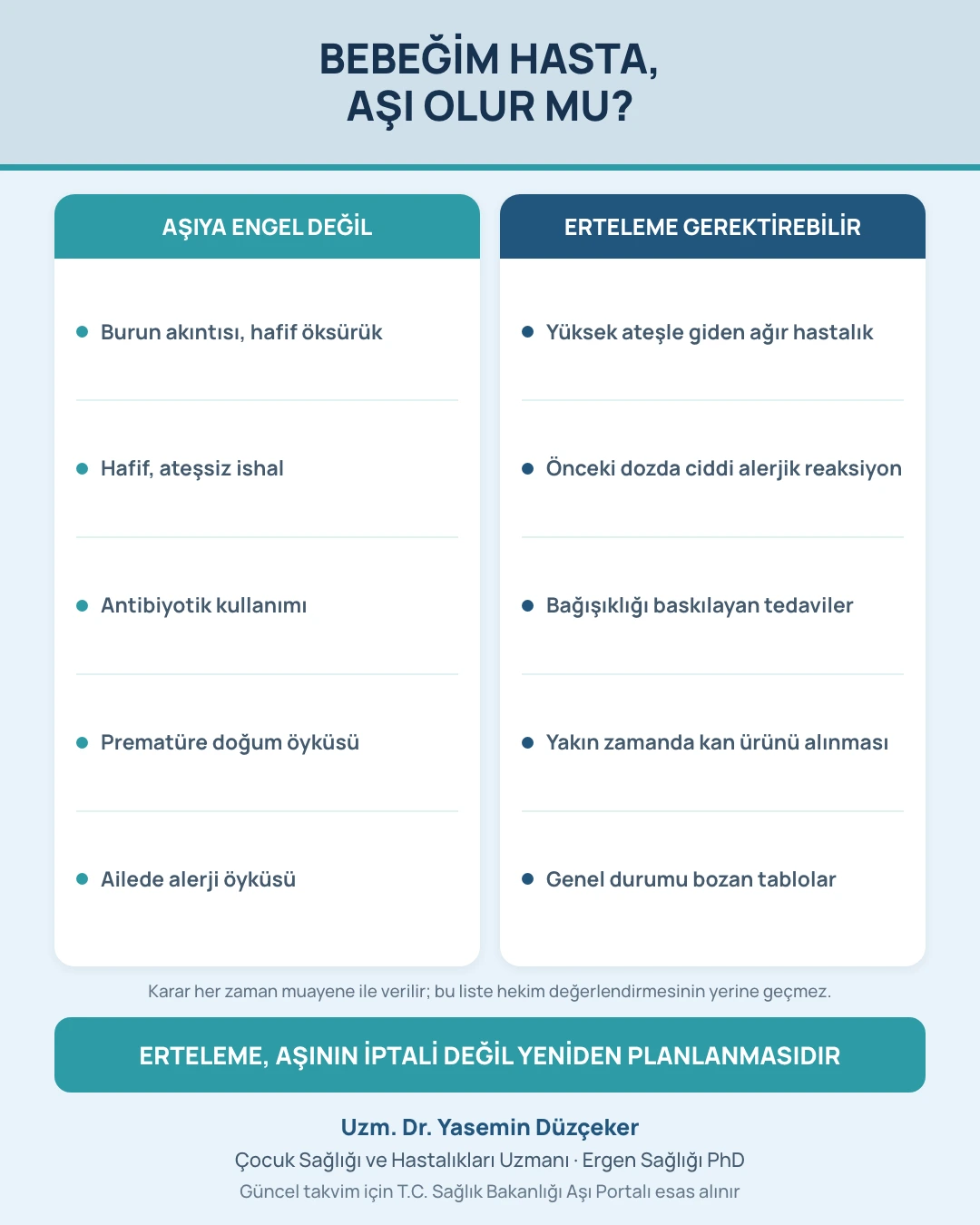Aşıya engel olmayan ve ertelemeyi gerektirebilen durumlar tablosu