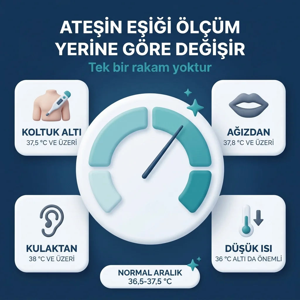 Ölçüm yerine göre ateş eşiği — koltuk altı 37,5, ağız 37,8, kulak 38 °C; normal aralık 36,5-37,5 °C