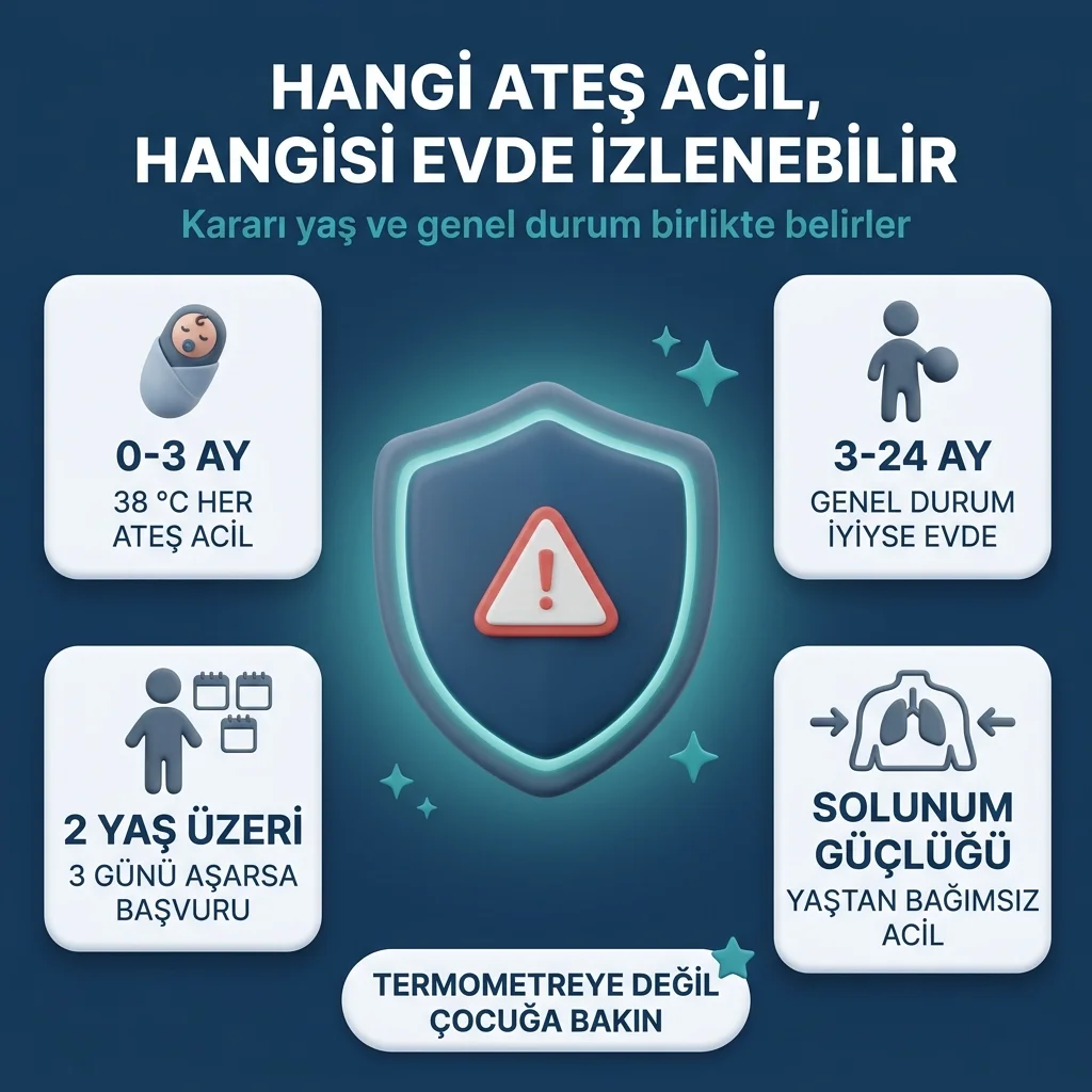 Yaşa göre acil ateş ölçütleri — 0-3 ayda her ateş, 3-24 ayda genel duruma göre, 2 yaş üstünde 3 günü aşan ateş
