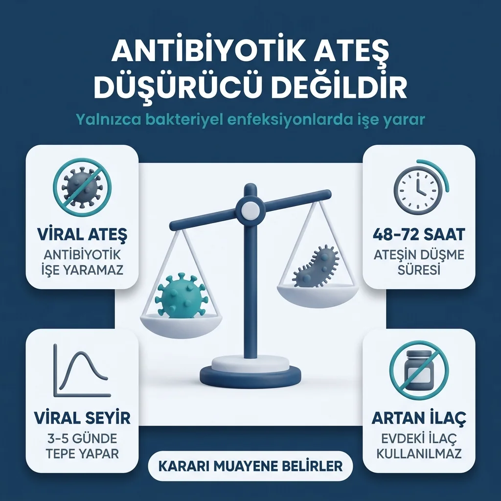 Antibiyotik ateş düşürücü değildir — viral ateşte işe yaramaz, viral seyir 3-5 günde tepe yapar