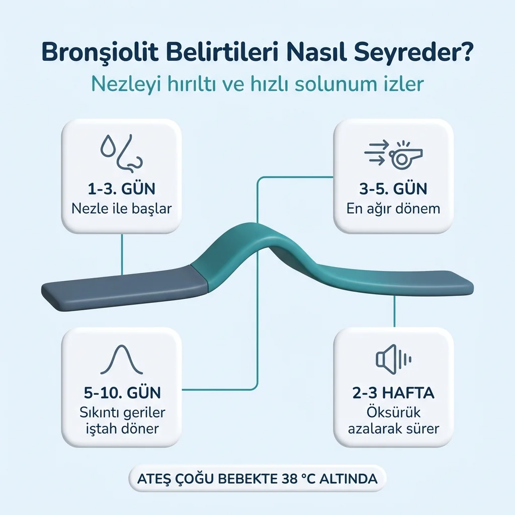 Bebeklerde bronşiolit belirtileri — nezleyle başlayıp 3-5. günde ağırlaşan hırıltı