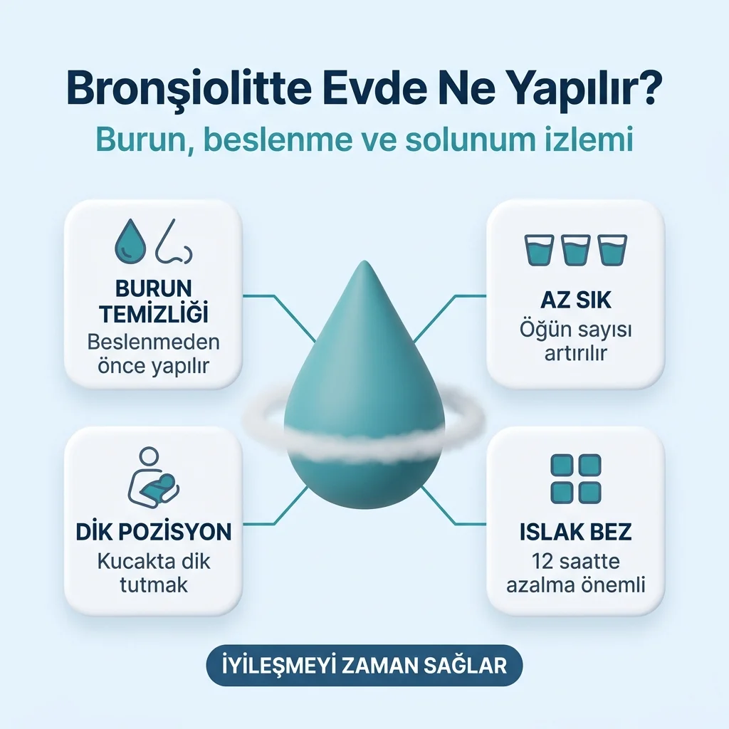 Bronşiolitte evde bakım — burun temizliği, sık ve az beslenme ve dik pozisyon