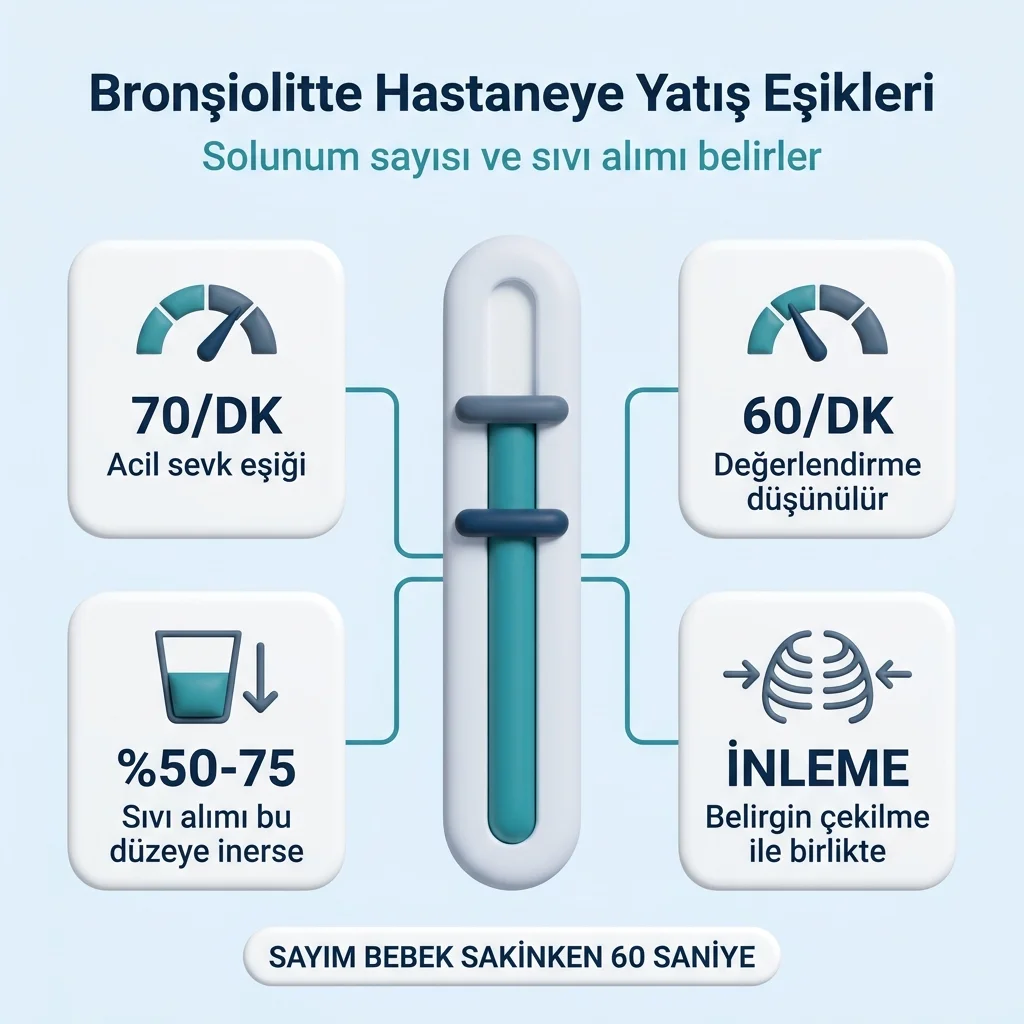 Bronşiolitte hastaneye yatış eşiği — dakikada 60-70 solunum ve sıvı alımı