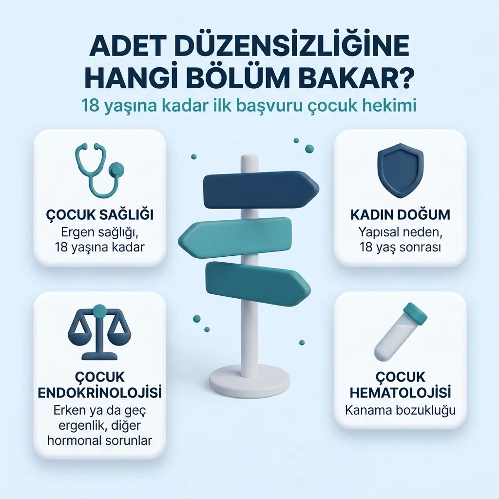 Genç kızda adet düzensizliğine bakan dört bölüm: çocuk sağlığı ve ergen sağlığı, kadın hastalıkları ve doğum, çocuk endokrinolojisi (erken ya da geç ergenlik, diğer hormonal sorunlar), çocuk hematolojisi