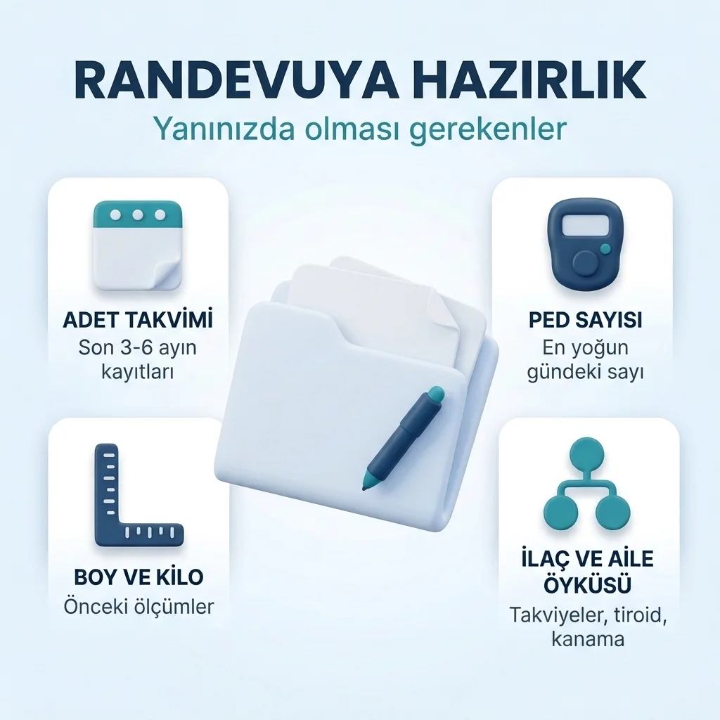 Adet düzensizliği randevusuna hazırlık: adet takvimi, ped sayısı, boy ve kilo ölçümleri, ilaç listesi, aile öyküsü