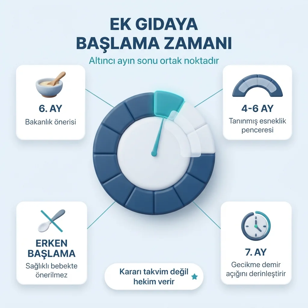 Ek gıdaya geçiş — altıncı ayın tamamlanması ve kılavuzların tanıdığı 4-6 ay penceresi