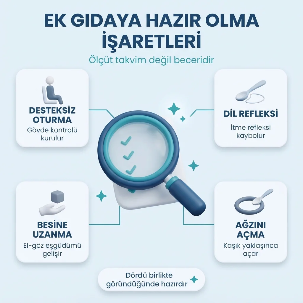 Bebeklerde ek gıda hazır olma işaretleri — desteksiz oturma ve dil itme refleksinin kaybı