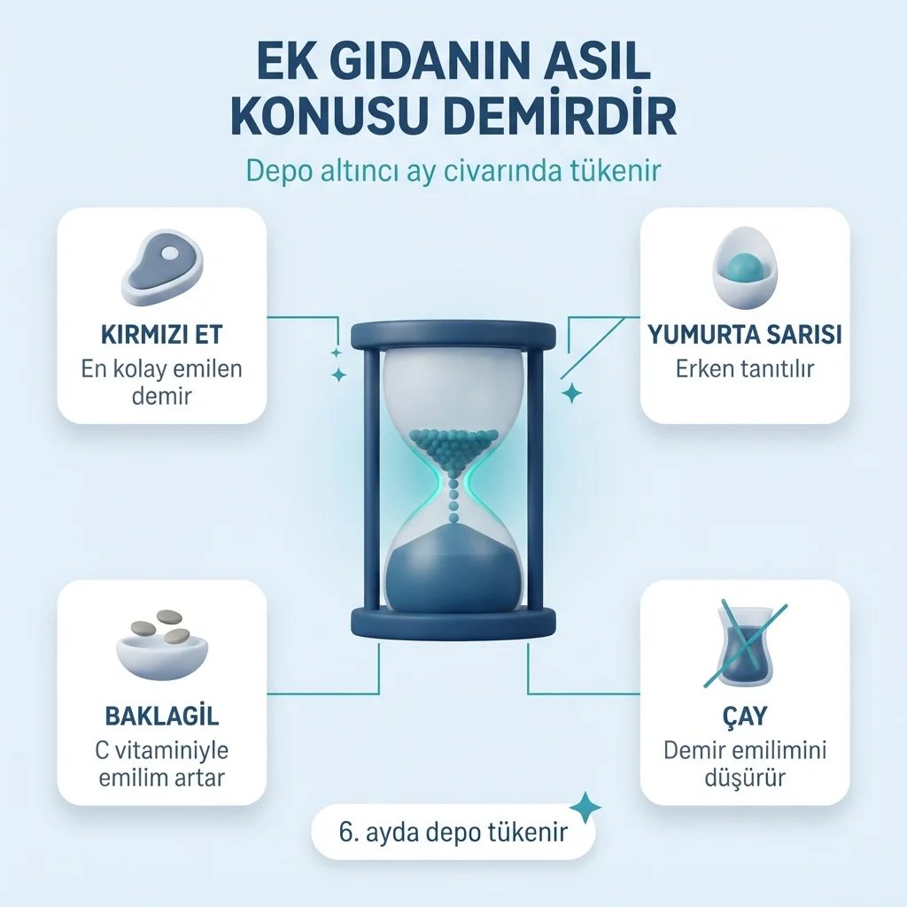 Ek gıdada demir — depo altıncı ay civarında tükenir; kırmızı et, yumurta sarısı, baklagil ve çayın etkisi
