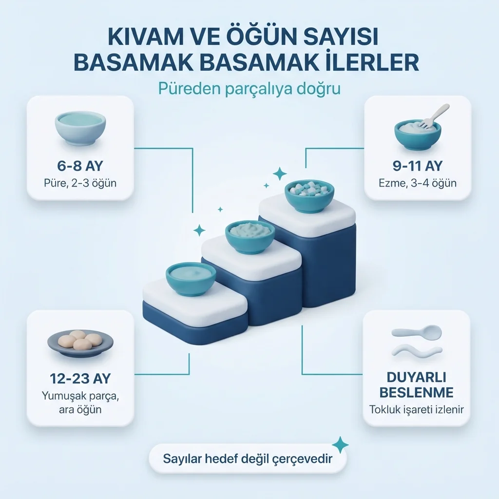 Aylara göre ek gıda kıvamı ve öğün sayısı — 6-8 ay püre 2-3 öğün, 9-11 ay ezme 3-4 öğün, 12-23 ay yumuşak parça