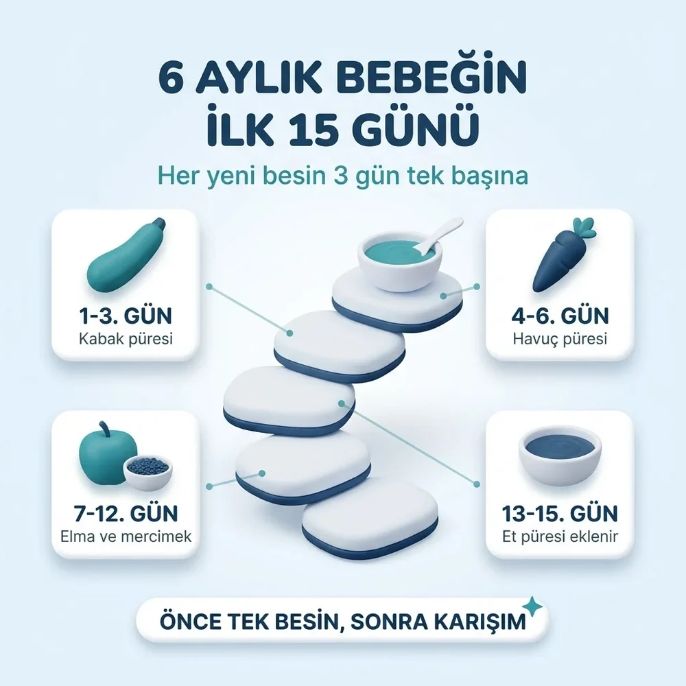 6 aylık bebek için 15 günlük örnek ek gıda programı: kabak, havuç, elma, kırmızı mercimek ve et püresi