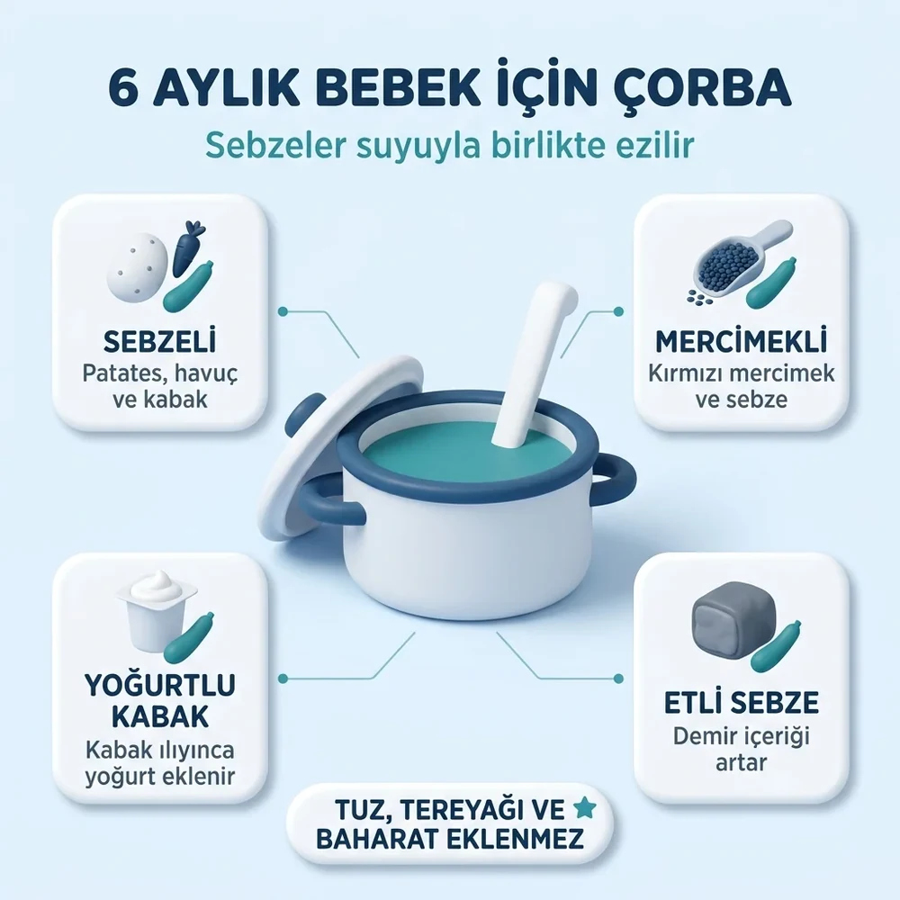 6 aylık bebek için çorba tarifleri: sebzeli, mercimekli sebze, yoğurtlu kabak ve etli sebze çorbası