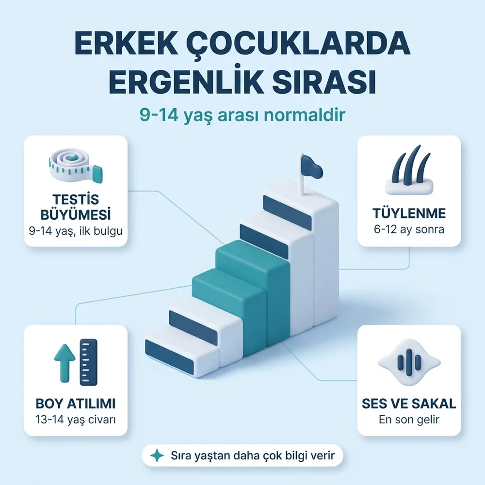 Erkek çocuklarda ergenlik belirtilerinin sırası ve yaşları: testis büyümesi 9-14, tüylenme, boy atılımı 13-14, ilk boşalma 13-14, ses, sakal