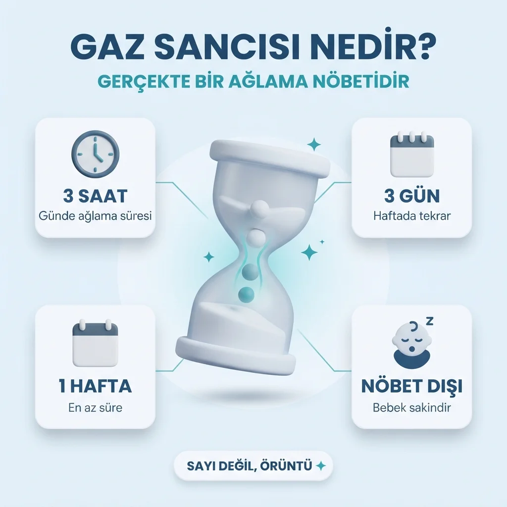 Gaz sancısı (infantil kolik) ölçütü — günde 3 saat, haftada 3 gün, en az 1 hafta süren ağlama