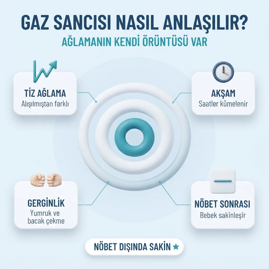 Gaz sancısının belirtileri — tiz ağlama, akşam saatlerinde yoğunlaşma, yumruk sıkma ve bacak çekme