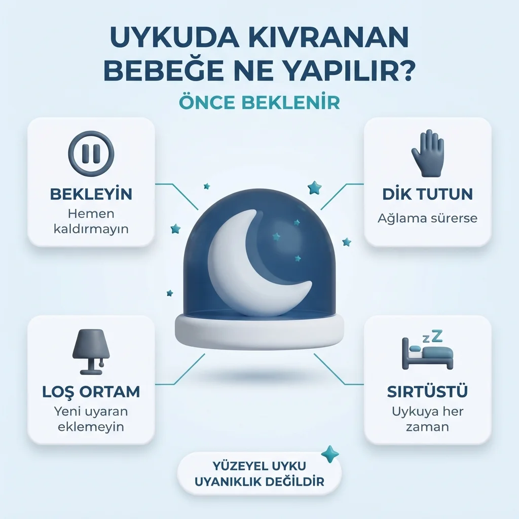 Uykuda kıvranan bebekte yapılacaklar — önce beklemek, loş ortam, gerekirse dik tutmak ve sırtüstü uyku