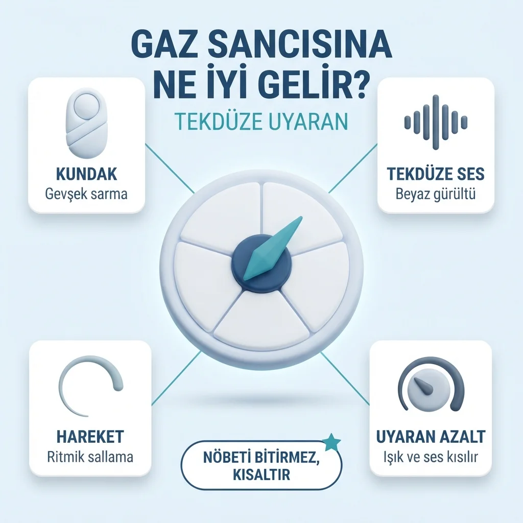 Gaz sancısında yatıştırma — gevşek kundak, beyaz gürültü, ritmik sallama ve uyaranı azaltma
