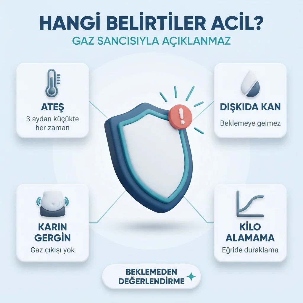 Gaz sancısıyla açıklanmayan acil bulgular — 3 aydan küçükte ateş, dışkıda kan, karın gerginliği, kilo alamama