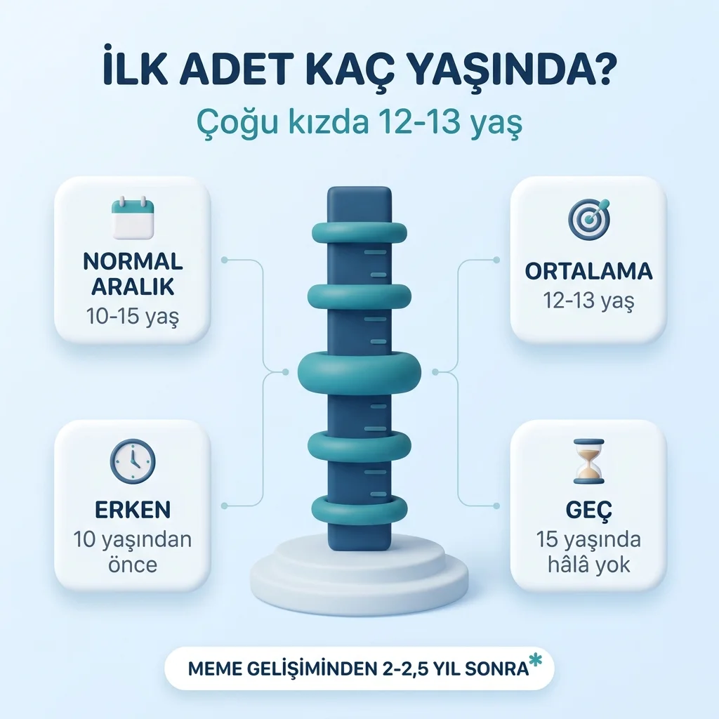 İlk adet yaşı: çoğunlukla 12-13 yaş, normal aralık 10-15 yaş, meme gelişiminden yaklaşık 2-2,5 yıl sonra
