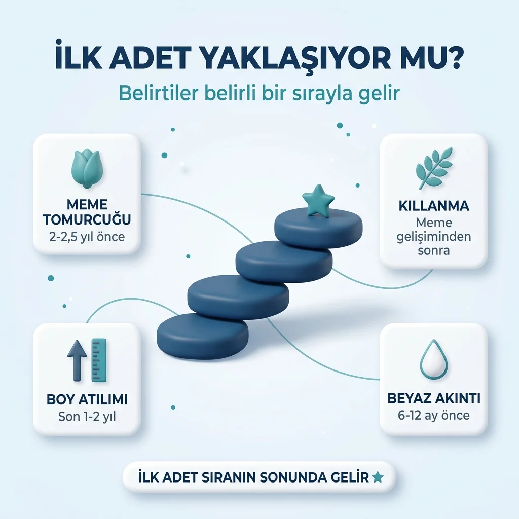 İlk adetin yaklaştığını gösteren belirtiler: meme gelişimi, kıllanma, hızlı boy uzaması ve beyaz akıntı