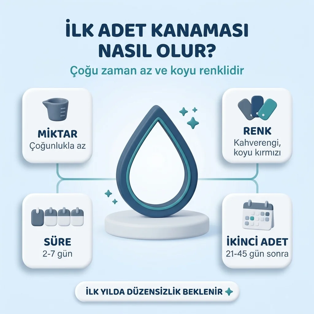 İlk adet kanaması: çoğunlukla az, kahverengi ya da koyu kırmızı renkte, 2-7 gün sürer