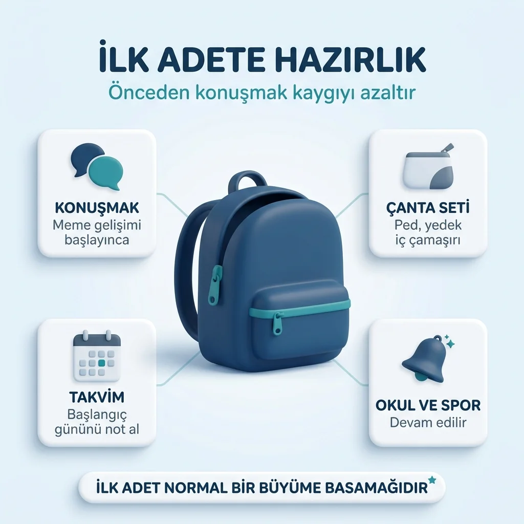 İlk adete hazırlık: önceden konuşmak, okul çantası seti, adet takvimi, okula ve spora devam