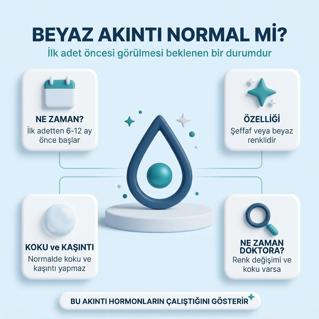 Beyaz akıntı normal mi: ilk adetten 6-12 ay önce başlar, şeffaf veya beyazdır, normalde koku ve kaşıntı yapmaz, renk değişimi ve koku varsa doktora