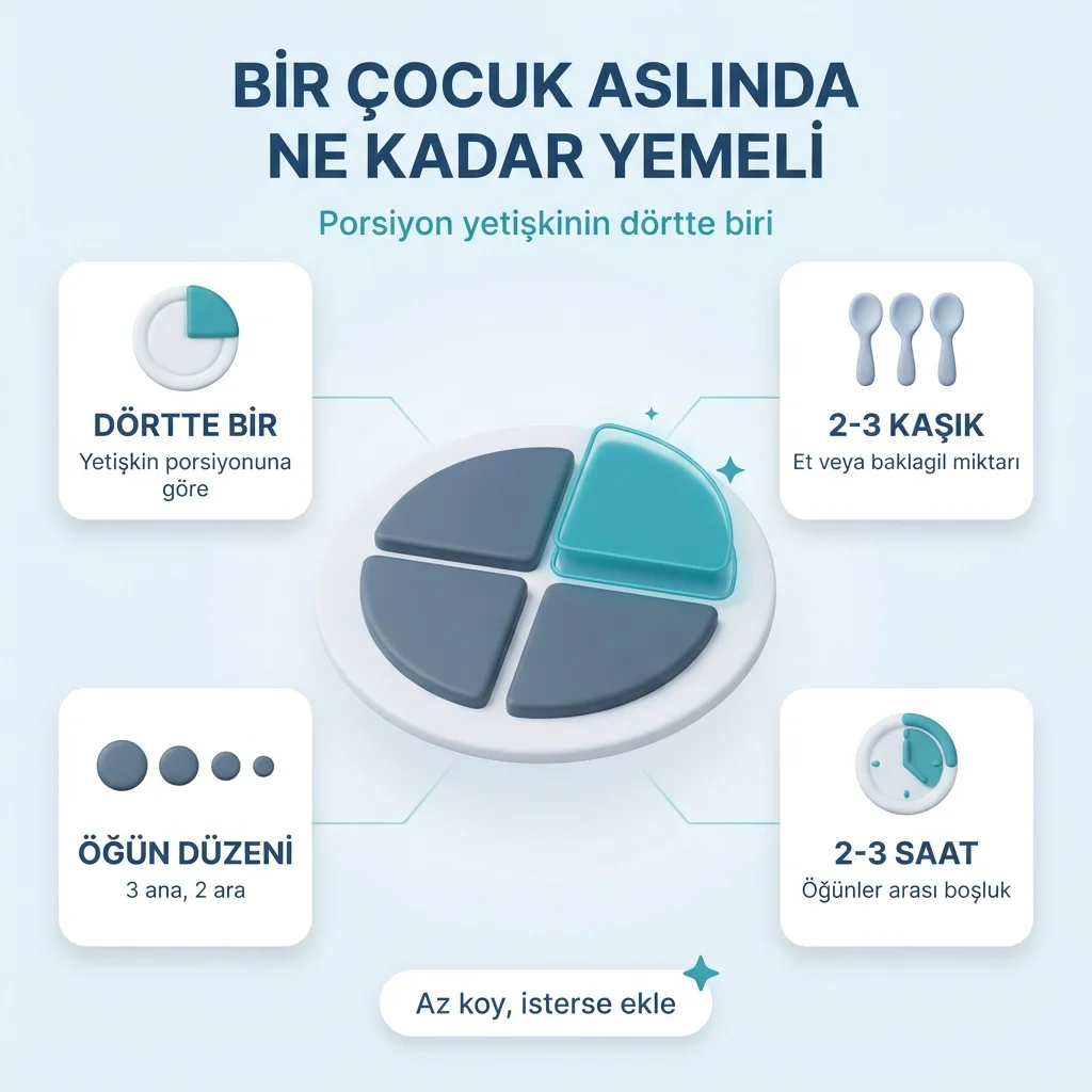 Çocuk porsiyonu — yetişkin porsiyonunun dörtte biri, 3 ana 2 ara öğün, öğün arası 2-3 saat