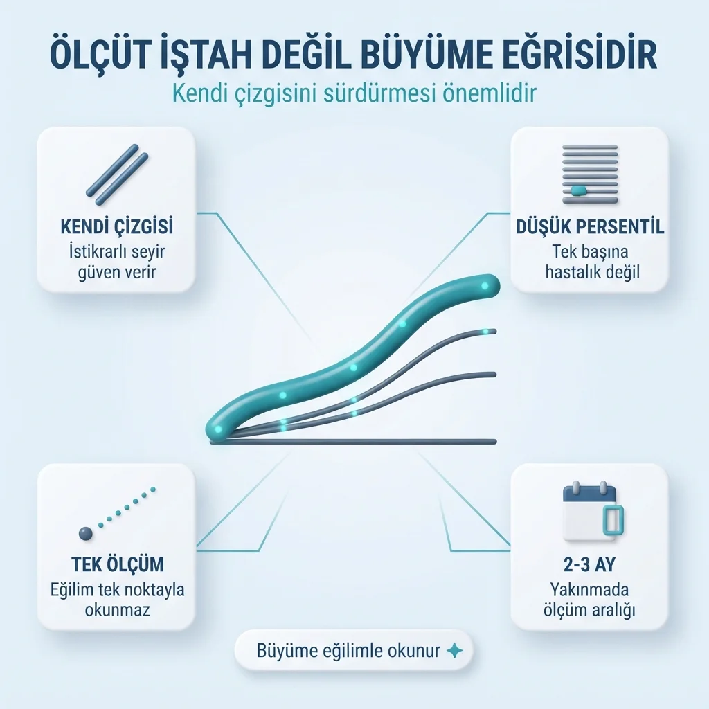 İştah açıcı yerine büyüme eğrisi — kilo ve boyun kendi bandında ilerlemesi