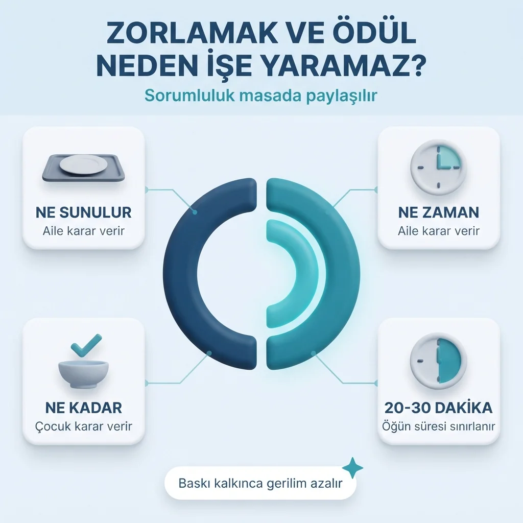 Yemekte sorumluluk paylaşımı — ne ve ne zaman sunulacağına aile, ne kadar yeneceğine çocuk karar verir