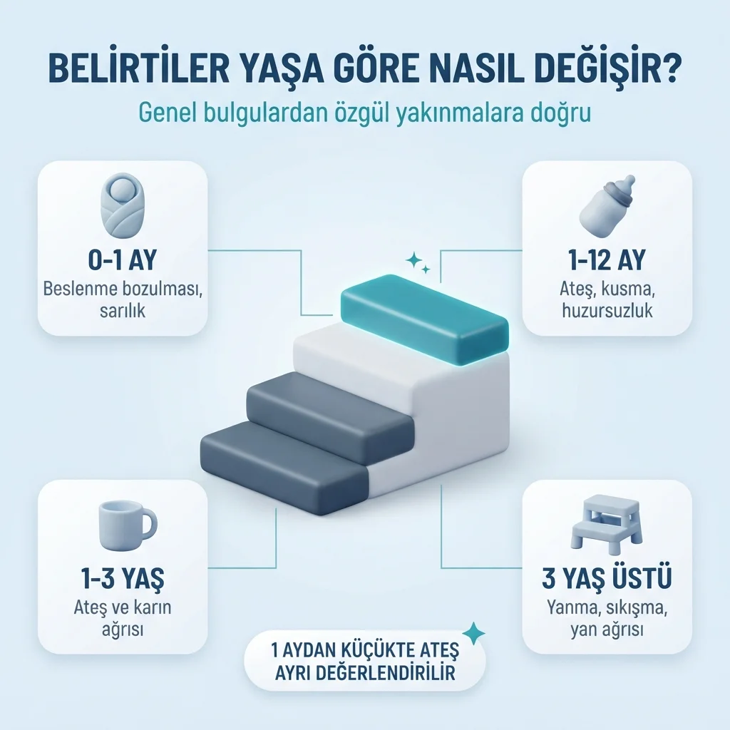 İdrar yolu enfeksiyonunda yaşa göre belirtiler — 0-1 ay, 1-12 ay, 1-3 yaş ve 3 yaş üstü