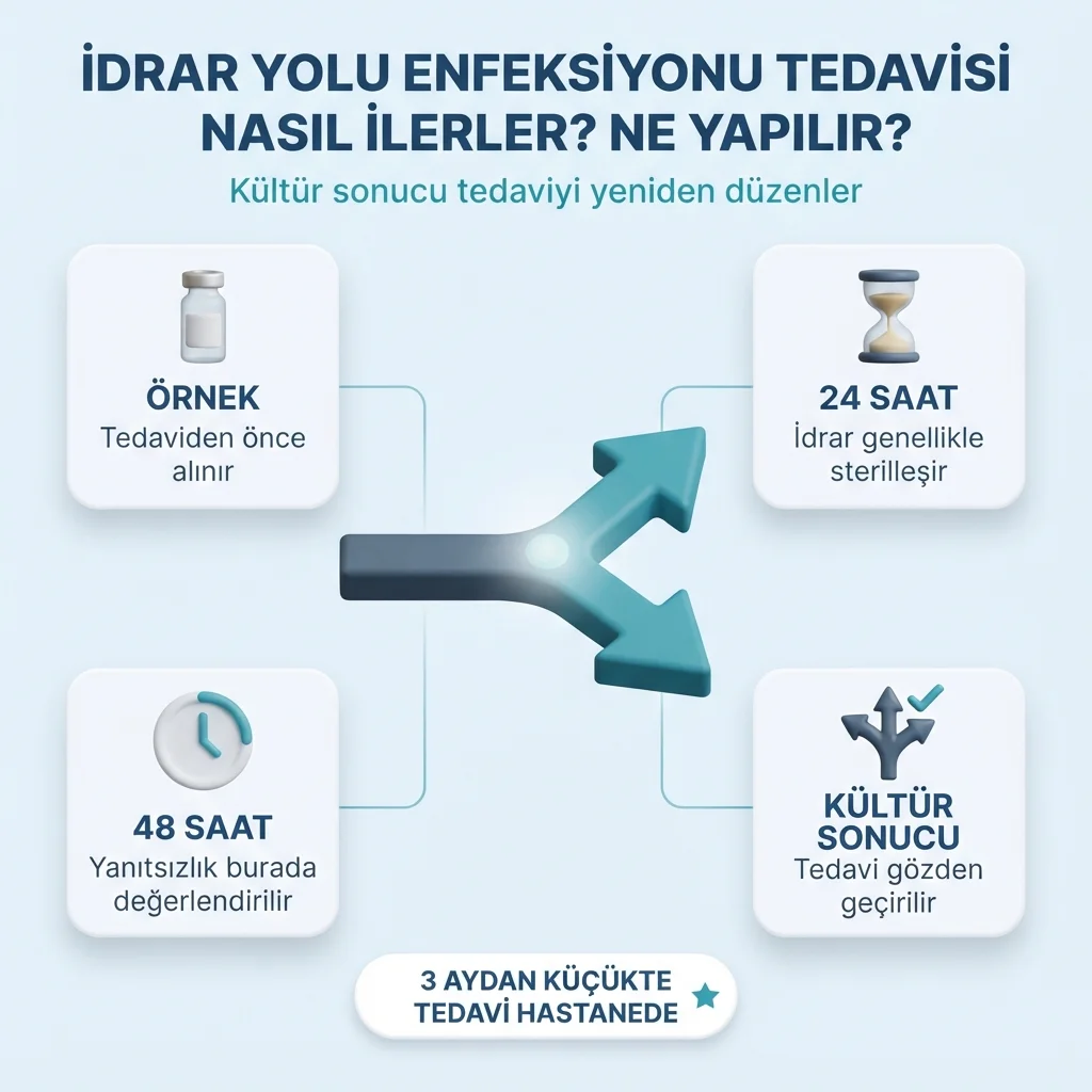 İdrar yolu enfeksiyonu tedavisinin seyri — tedavi öncesi idrar örneği, 48 saatte yanıt, kültüre göre düzenleme