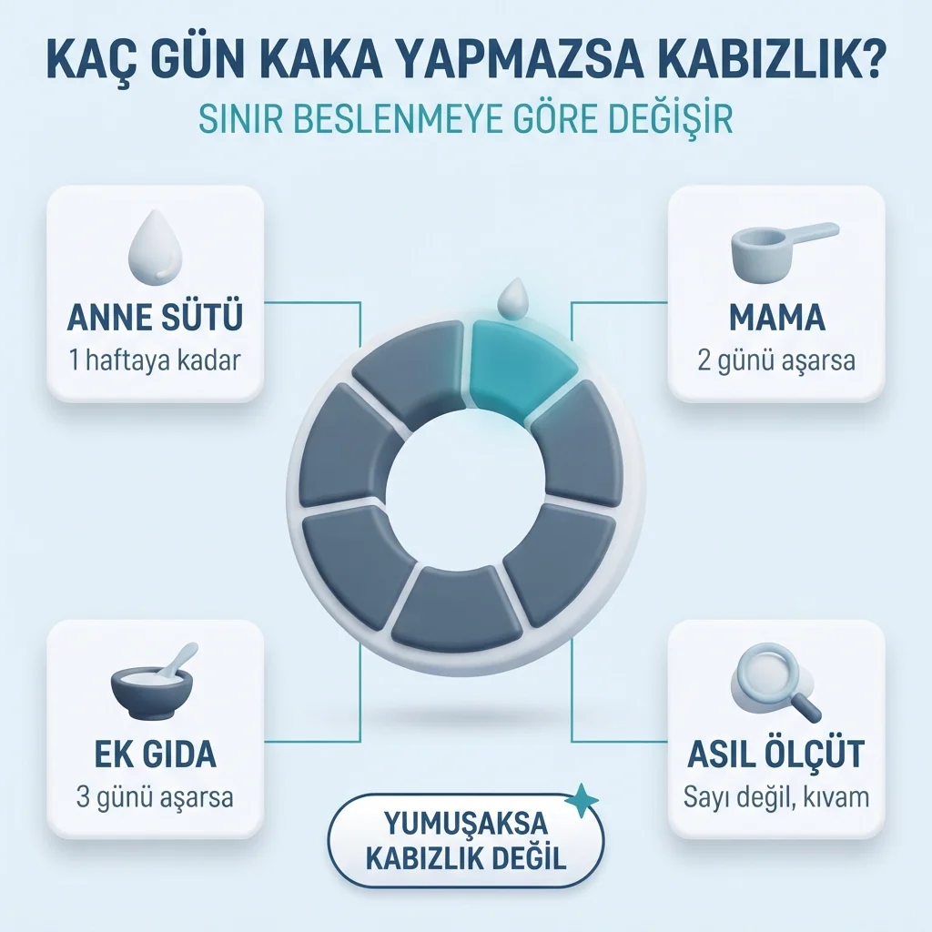 Beslenmeye göre dışkılama aralığı — anne sütünde 1 haftaya kadar normal, mamada 2, ek gıdada 3 gün sınırı