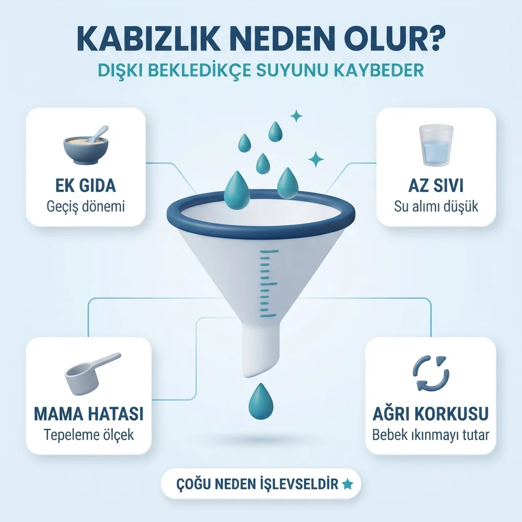 Bebeklerde kabızlığın nedenleri — ek gıdaya geçiş, az sıvı, mama hazırlama hatası ve ağrı korkusu