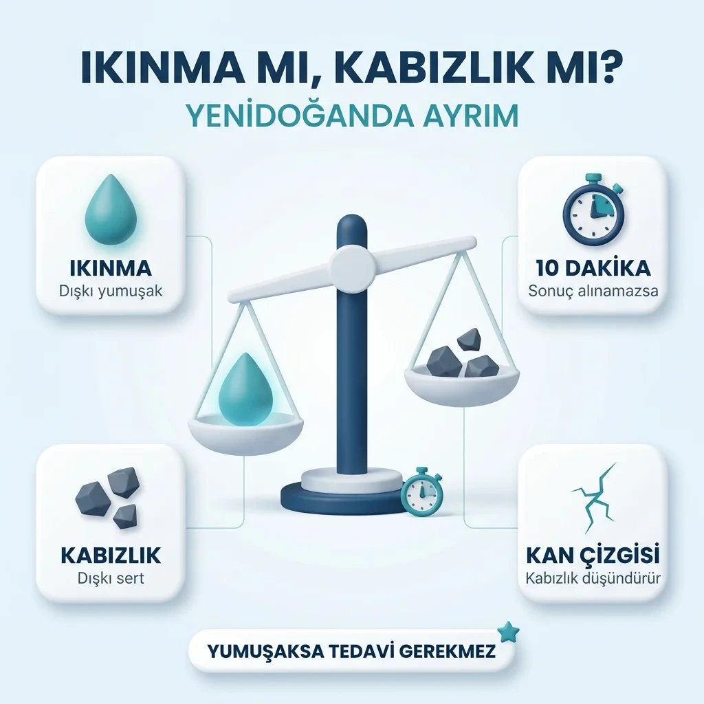 Yenidoğanda ıkınma ile kabızlığın ayrımı — dışkı yumuşaksa ıkınma, sert dışkı ve kan çizgisi kabızlık