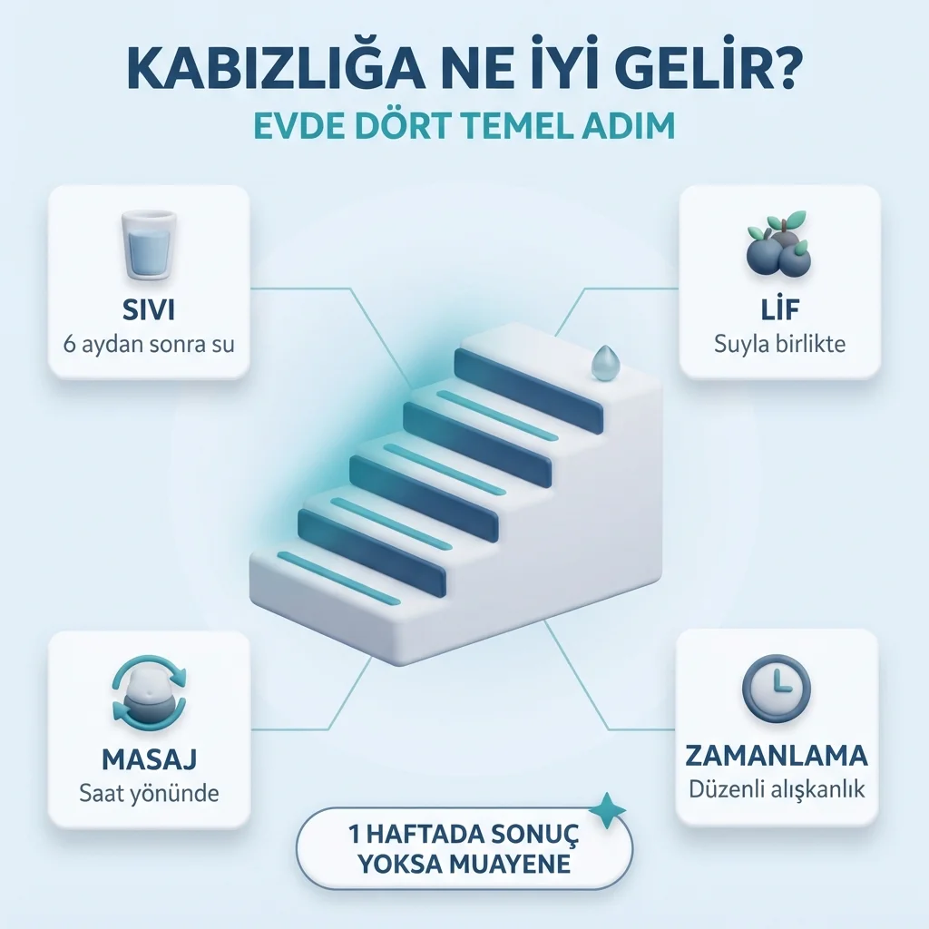 Kabızlıkta evde dört adım — sıvı, lif, saat yönünde karın masajı ve düzenli tuvalet zamanı