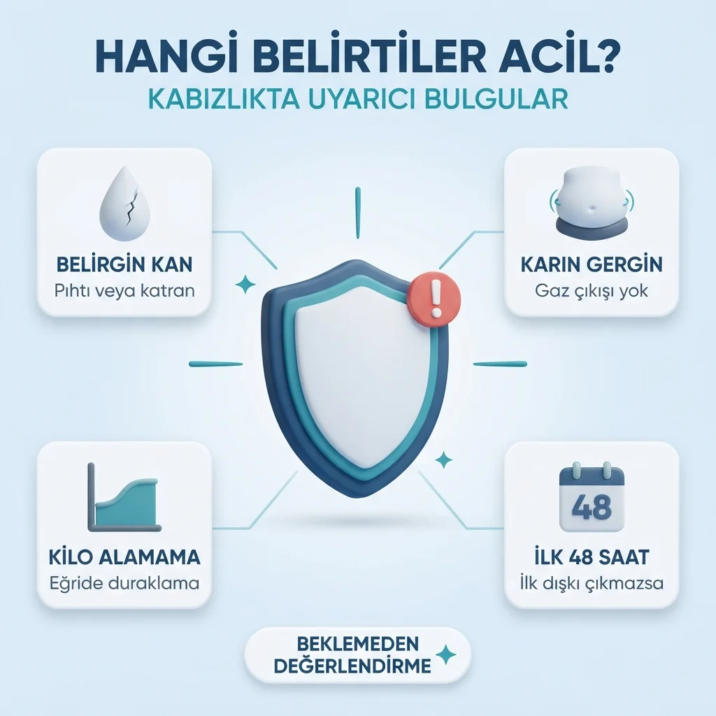 Kabızlıkta acil bulgular — belirgin kan, karın gerginliği, kilo alamama ve ilk 48 saatte dışkı çıkmaması