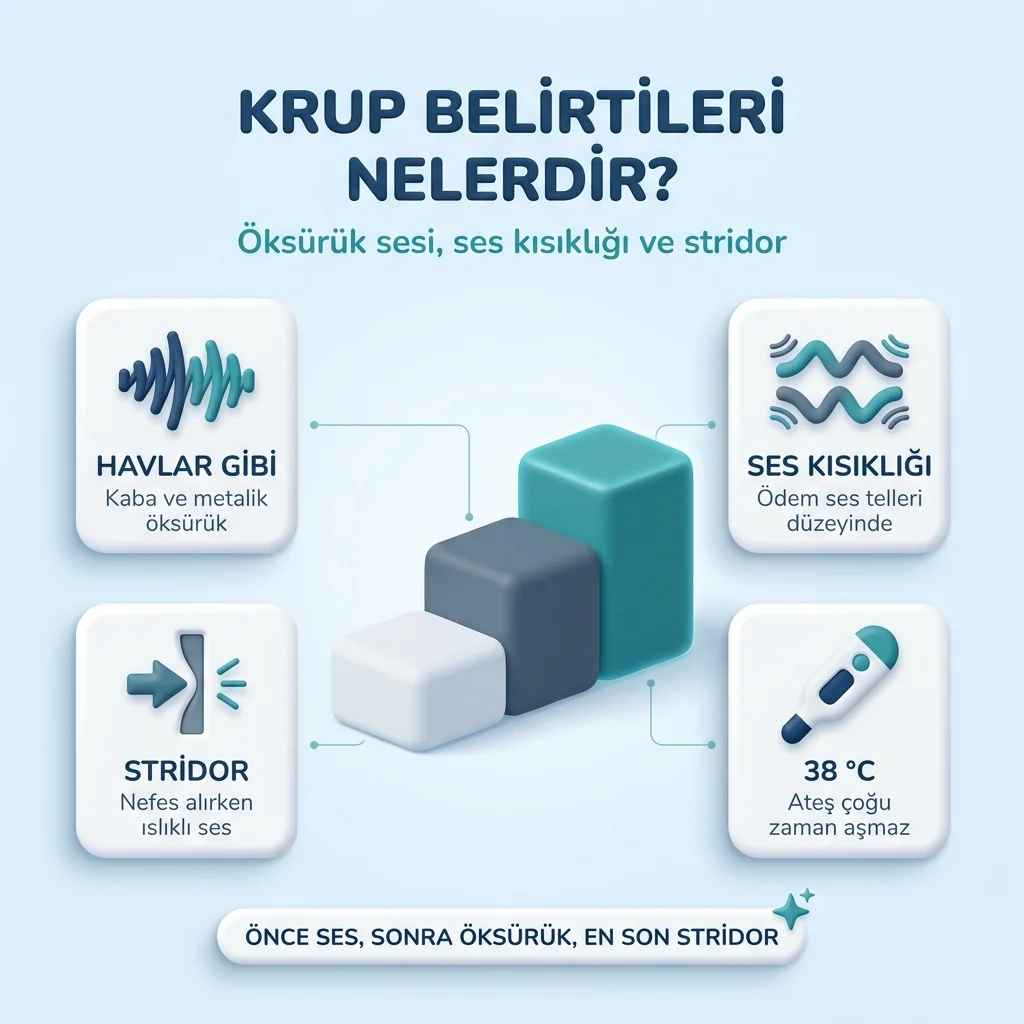 Krup belirtileri — havlar gibi öksürük, ses kısıklığı, stridor ve çoğu zaman 38 °C'yi aşmayan ateş