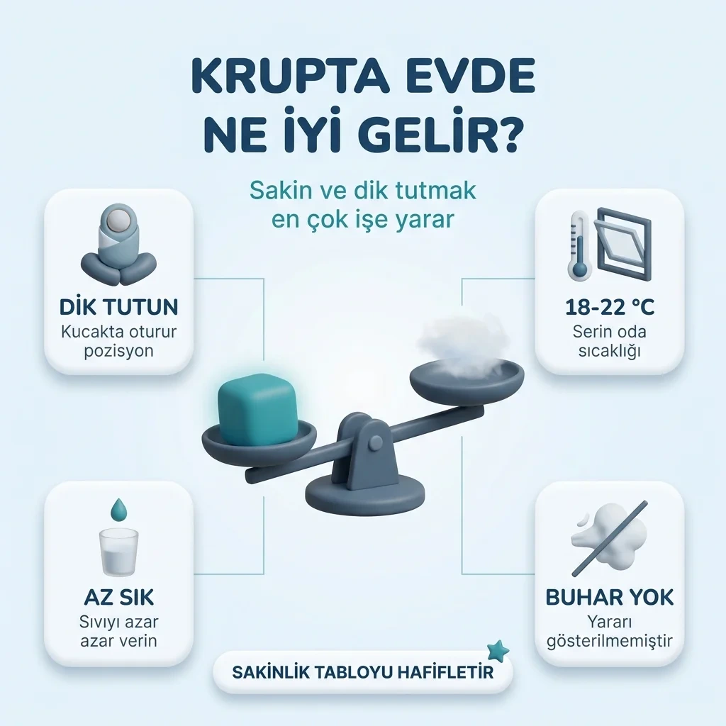 Krupta evde bakım — dik tutma, 18-22 °C oda ısısı ve buharın önerilmemesi