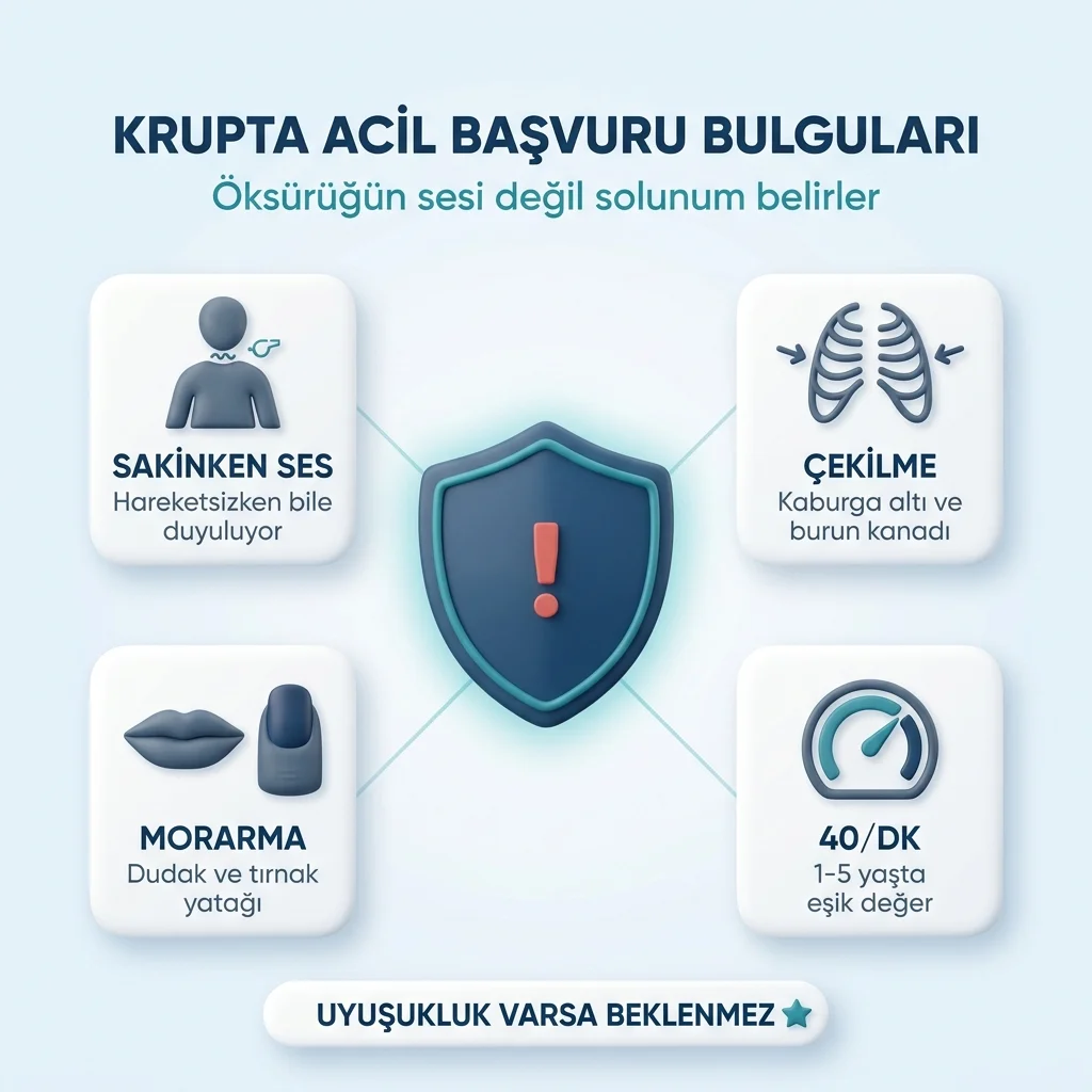 Krupta acil başvuru bulguları — sakinken duyulan stridor, çekilme, morarma ve 1-5 yaşta dakikada 40 üstü solunum