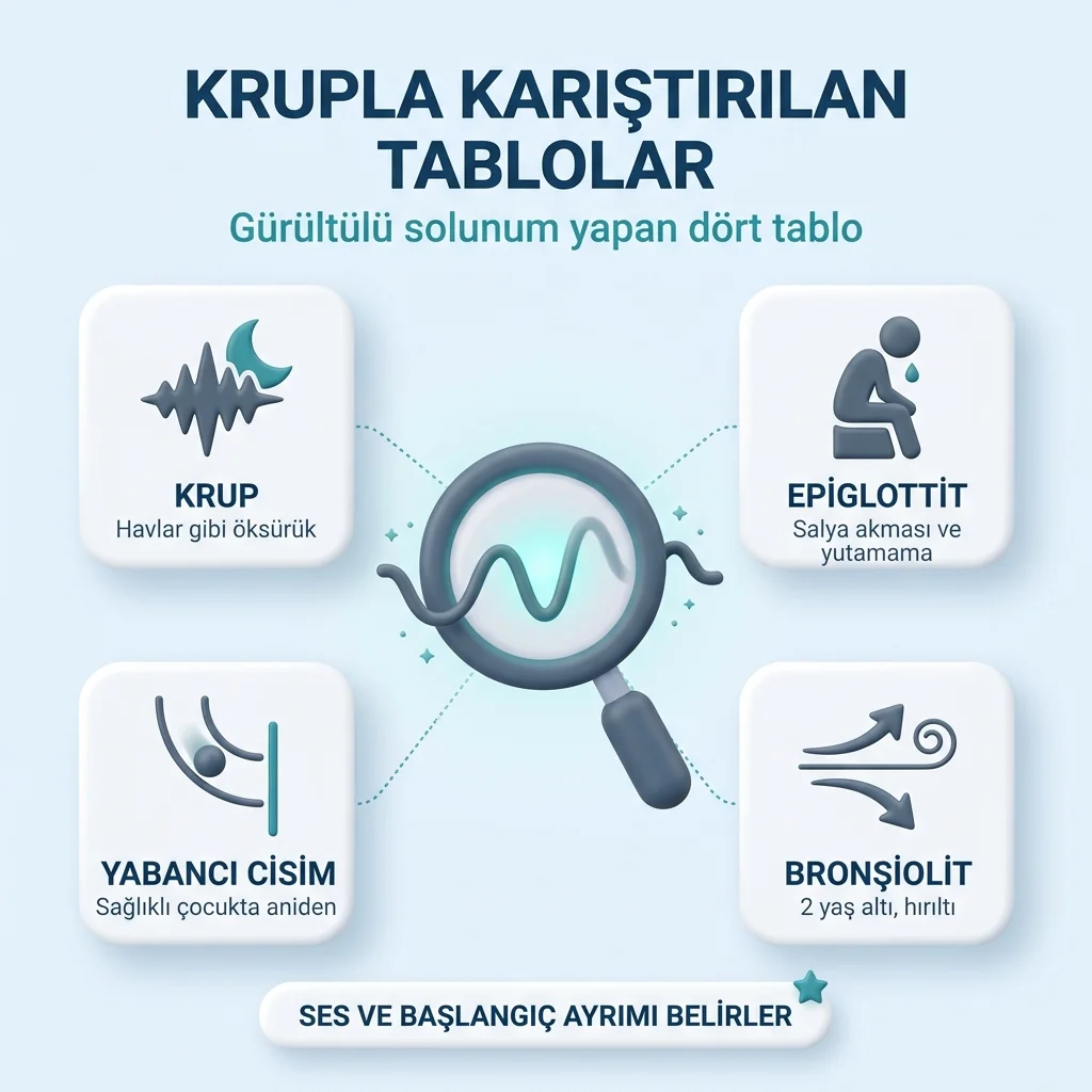 Krup hastalığı — krupla karışan epiglottit, yabancı cisim ve hışıltının ayrımı
