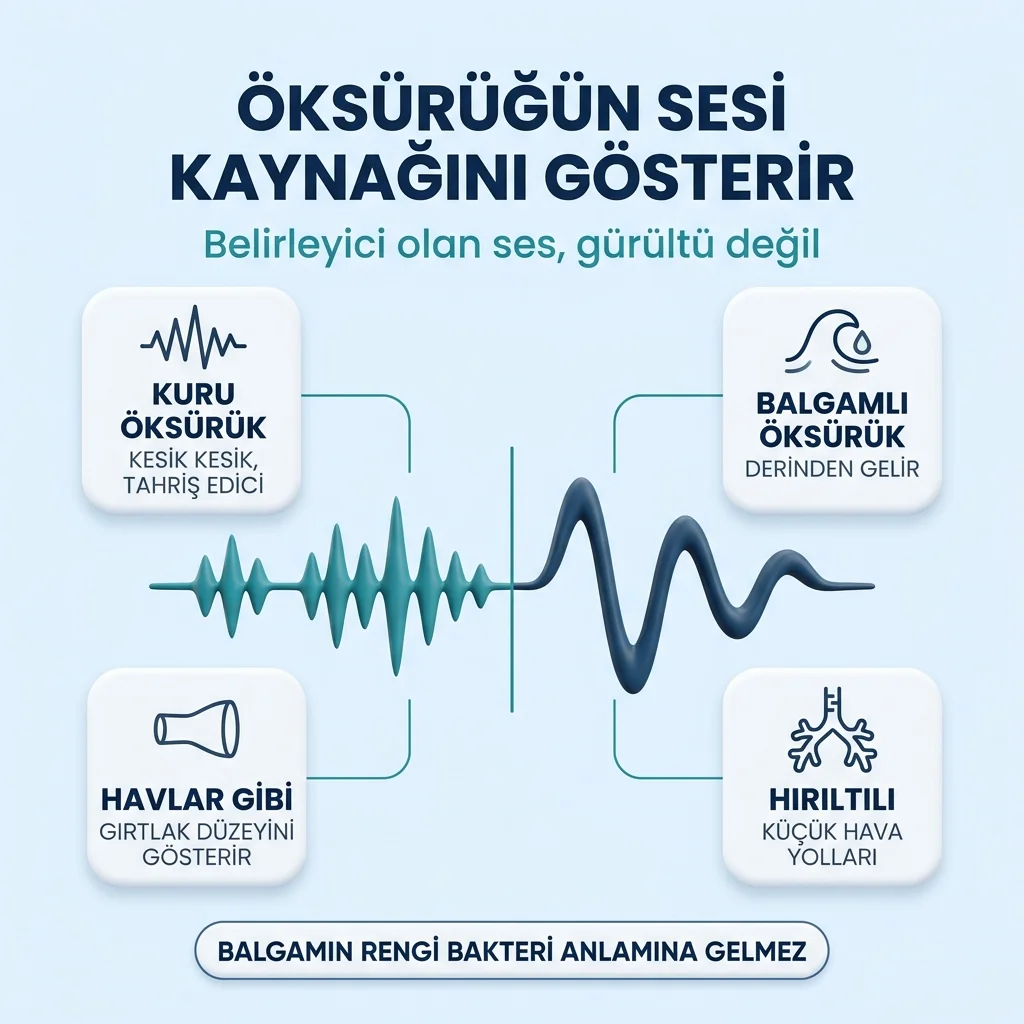 Öksürüğün sesi kaynağını gösterir — kuru, balgamlı, havlar gibi ve hırıltılı öksürüğün ayrımı