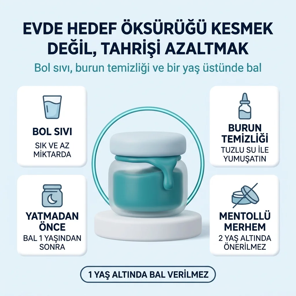 Öksürükte evde bakım — bol sıvı, burun temizliği ve bir yaş üstünde bal