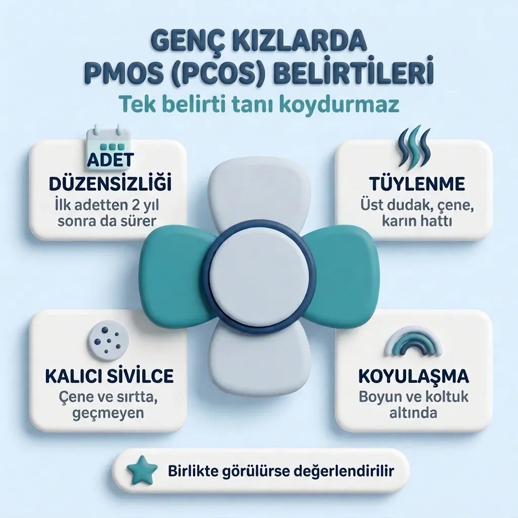 Genç kızlarda PMOS (PCOS) belirtileri: ilk adetten 2 yıl sonra süren adet düzensizliği, tüylenme, kalıcı sivilce, boyun ve koltuk altında koyulaşma