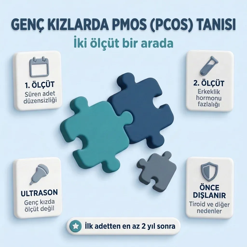 Genç kızda PMOS (PCOS) tanısının iki ölçütü: ilk adetten 2 yıl sonra süren adet düzensizliği ve erkeklik hormonu fazlalığı; ultrason ölçüt değil; başka nedenler dışlanır